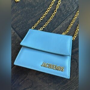 Jacquemus Le Piccolo Blue Leather Gold Chain Boxy 
Crossbody Bag